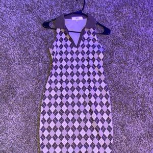 Brown and tan checkered dress with split down the middle and cuff